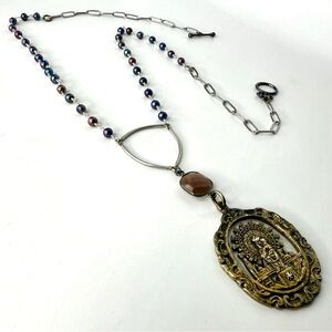 Large Vintage Pendant, Repurposed Jewelry, Blue Pearl Wirewrapped Necklace